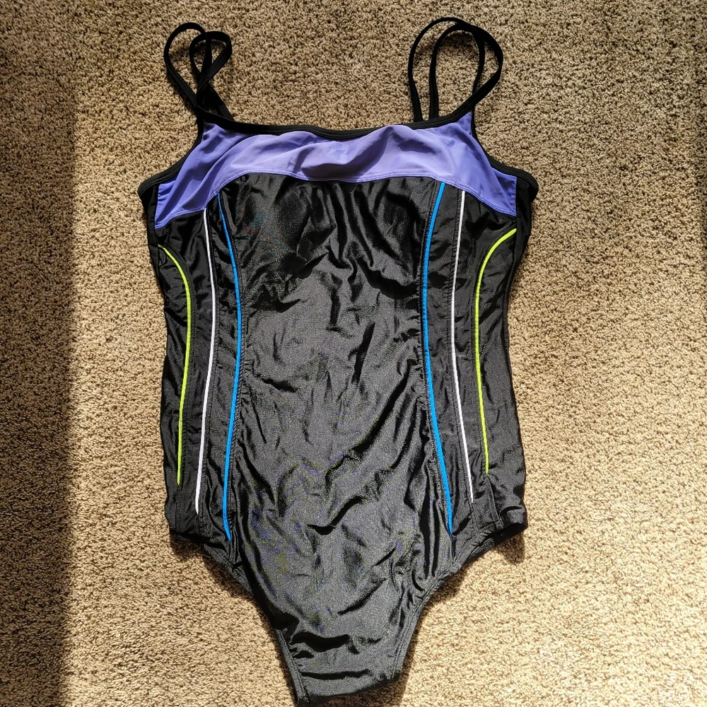 Vintage Delta Burke Swimwear Womens Swimsuit One Piece 20W BlackPurple Spaghetti